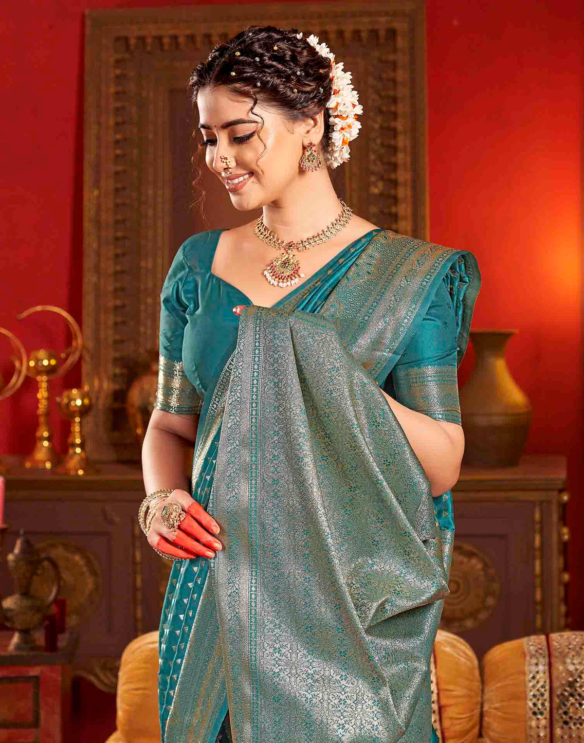 Peacock Teal Blue Silk Woven Banarasi Saree