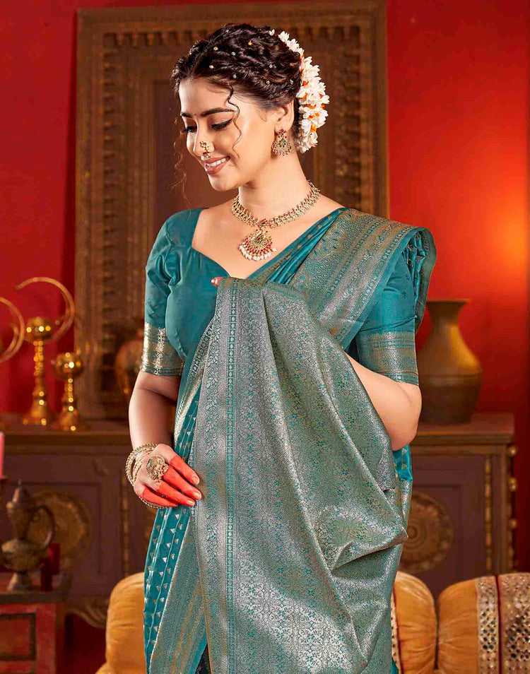Peacock Teal Blue Silk Woven Banarasi Saree