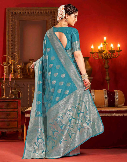 Teal Blue Silk Woven Banarasi Saree
