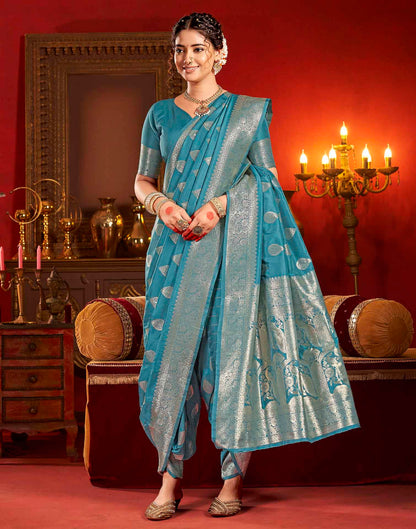 Teal Blue Silk Woven Banarasi Saree