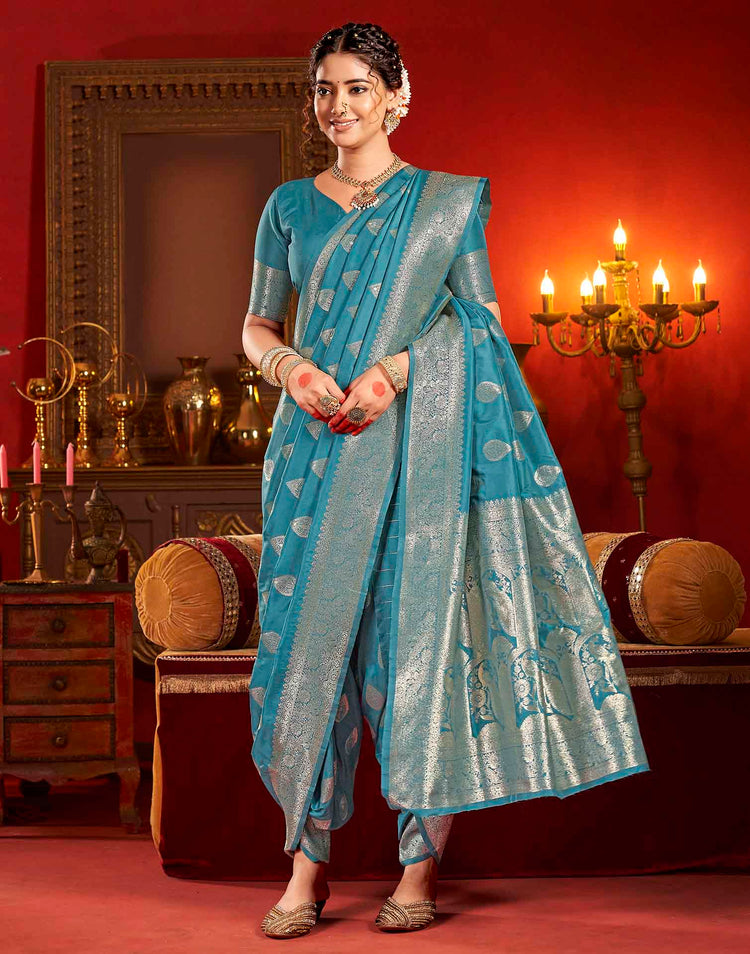 Teal Blue Silk Woven Banarasi Saree