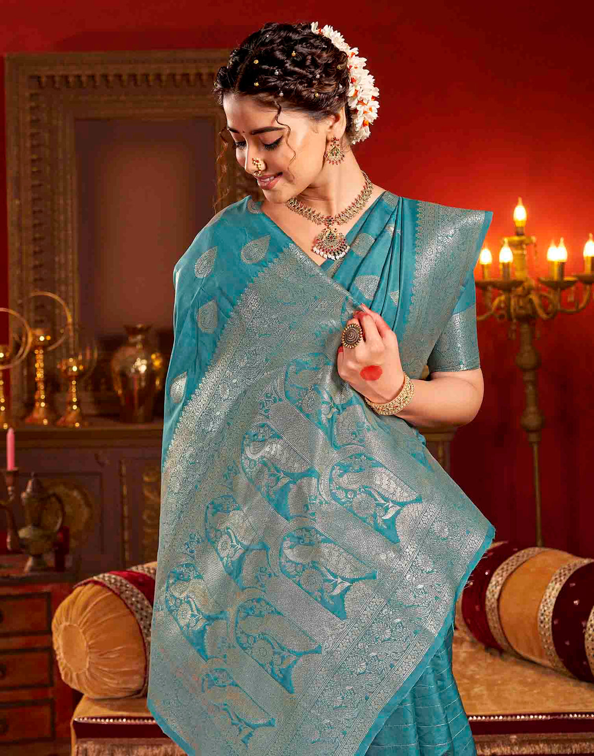 Teal Blue Silk Woven Banarasi Saree