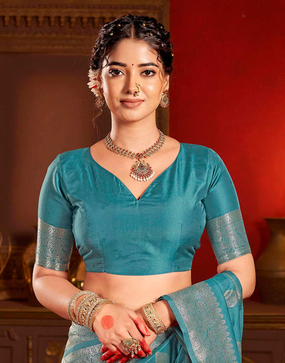 Teal Blue Silk Woven Banarasi Saree