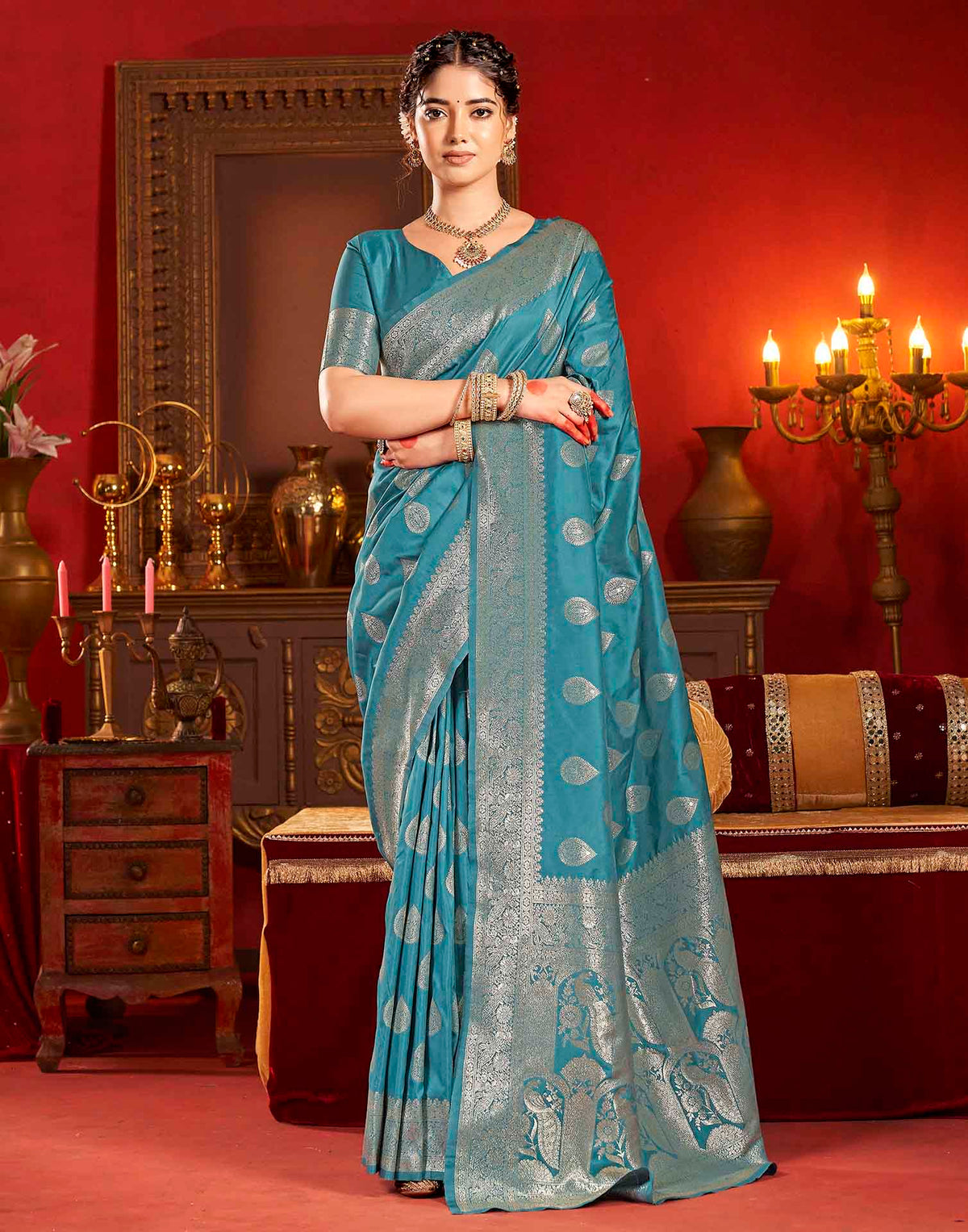 Teal Blue Silk Woven Banarasi Saree