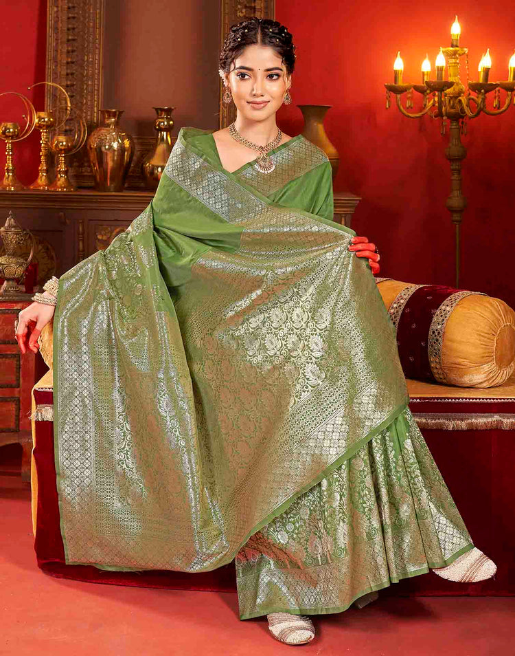 Olive Green Silk Woven Banarasi Saree