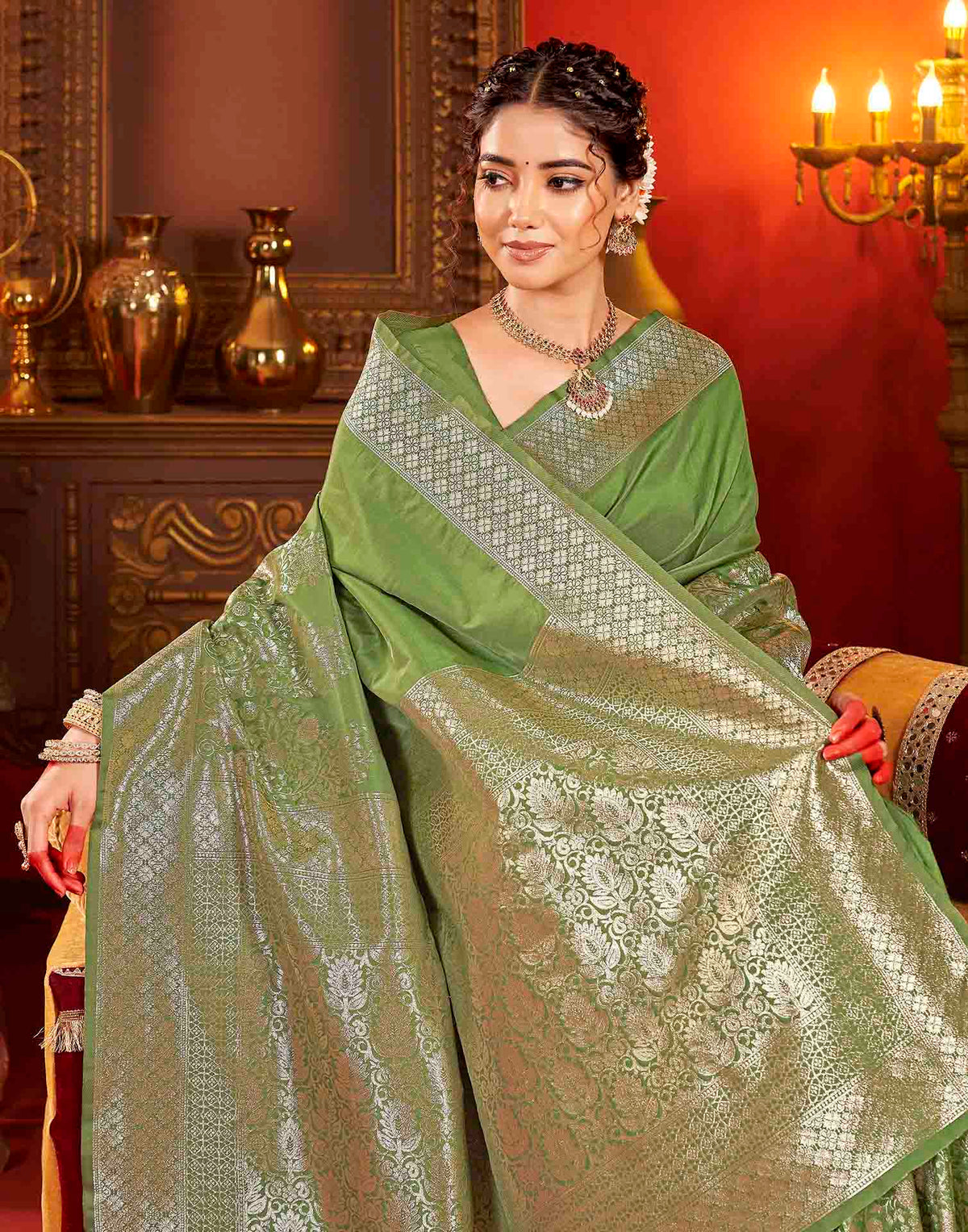 Olive Green Silk Woven Banarasi Saree