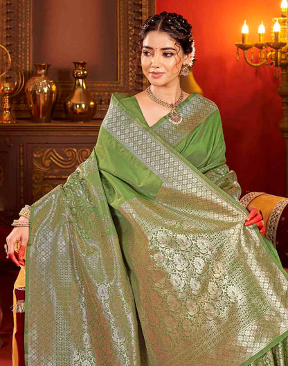 Olive Green Silk Woven Banarasi Saree