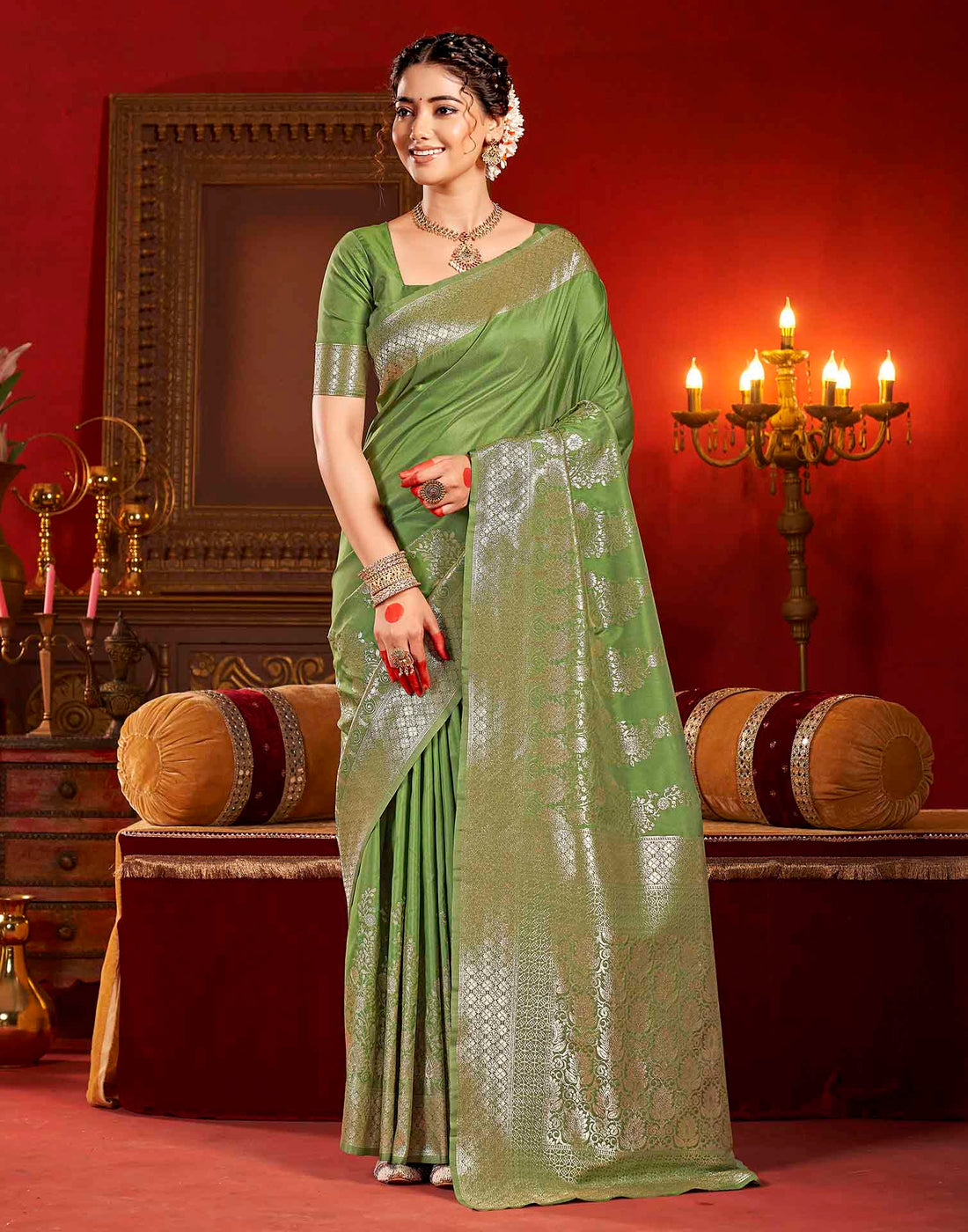 Olive Green Silk Woven Banarasi Saree