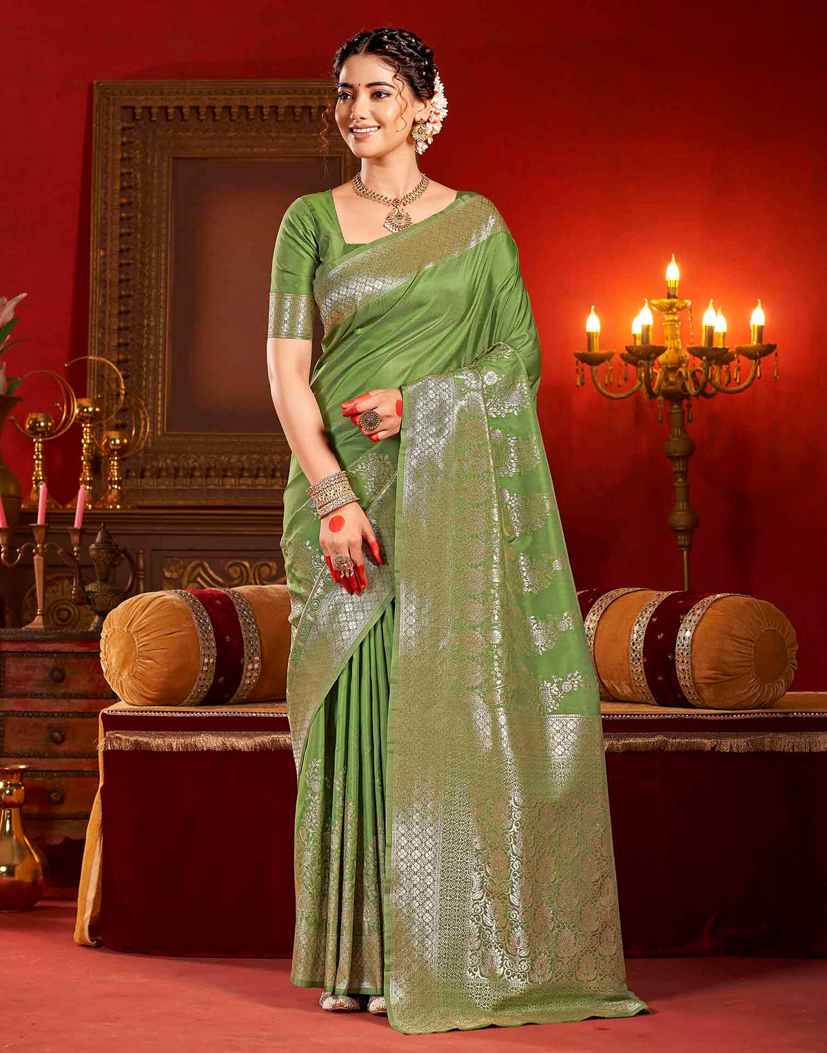 Olive Green Silk Woven Banarasi Saree