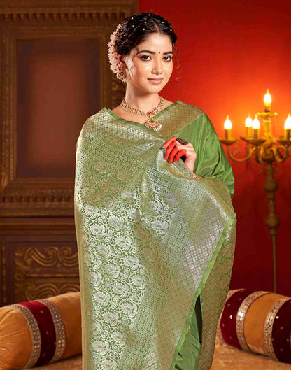 Olive Green Silk Woven Banarasi Saree