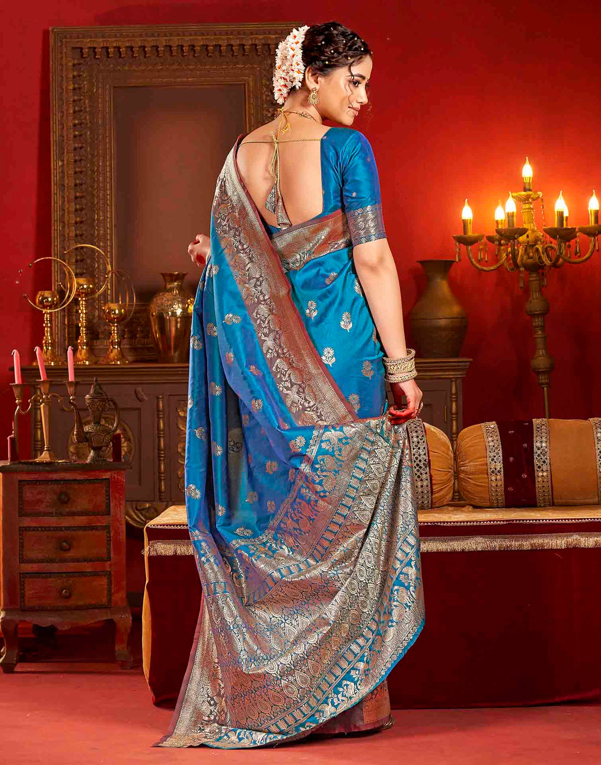 Peacock Blue Silk Woven Banarasi Saree