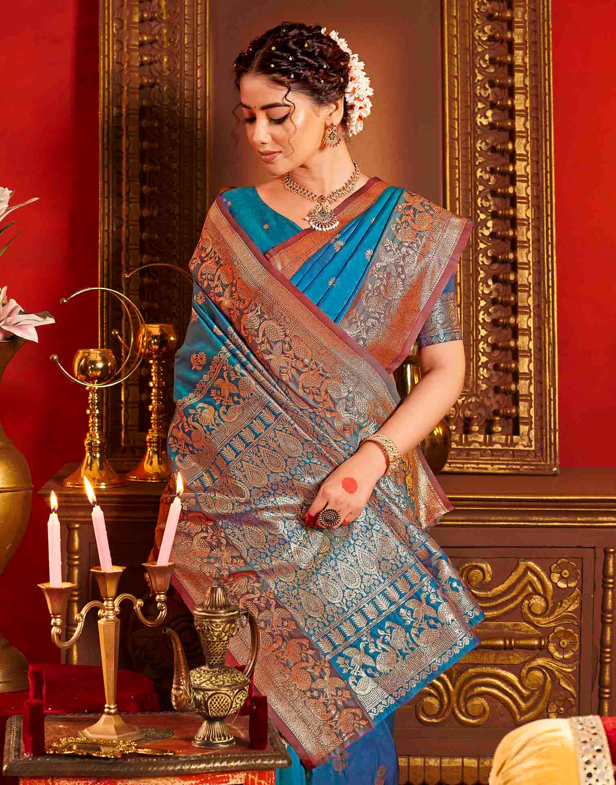 Peacock Blue Silk Woven Banarasi Saree