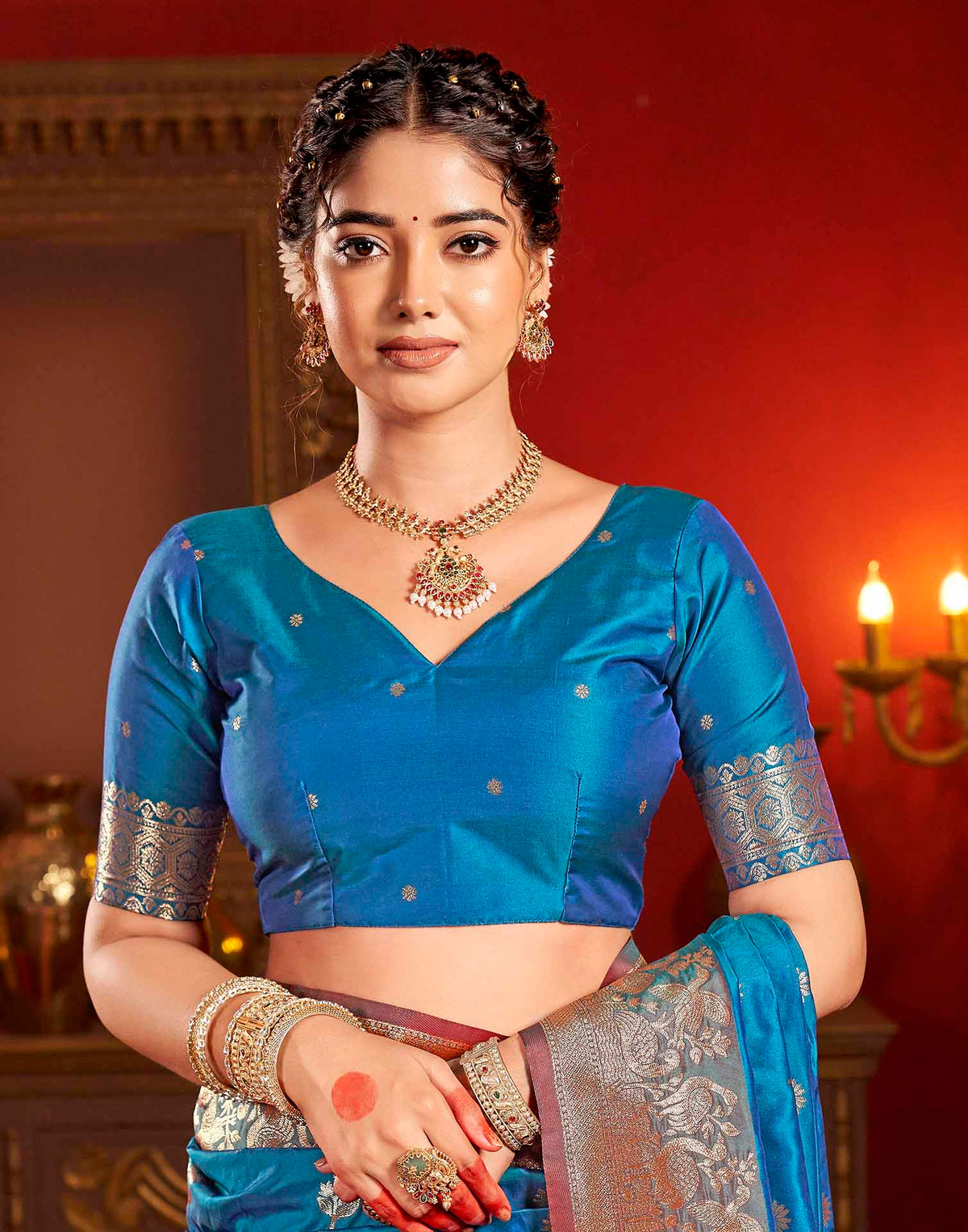 Peacock Blue Silk Woven Banarasi Saree