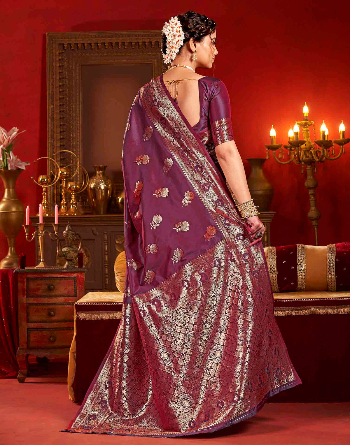 Wine Silk Woven Banarasi Saree