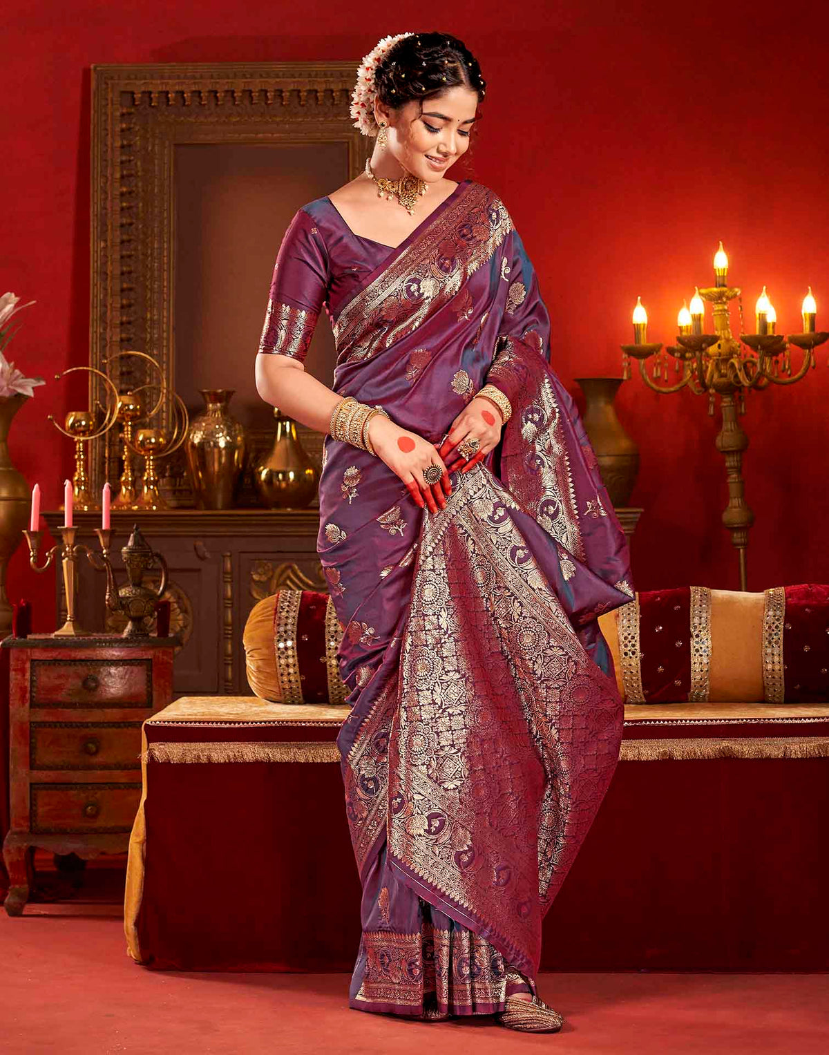 Wine Silk Woven Banarasi Saree