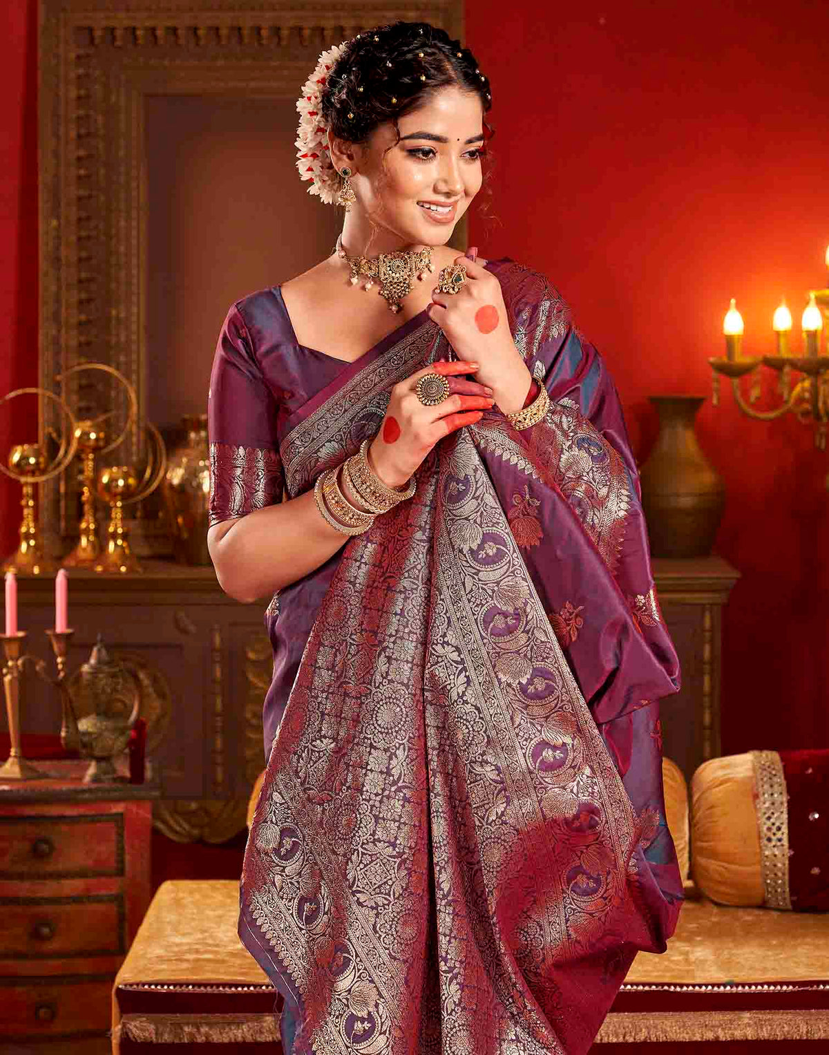 Wine Silk Woven Banarasi Saree