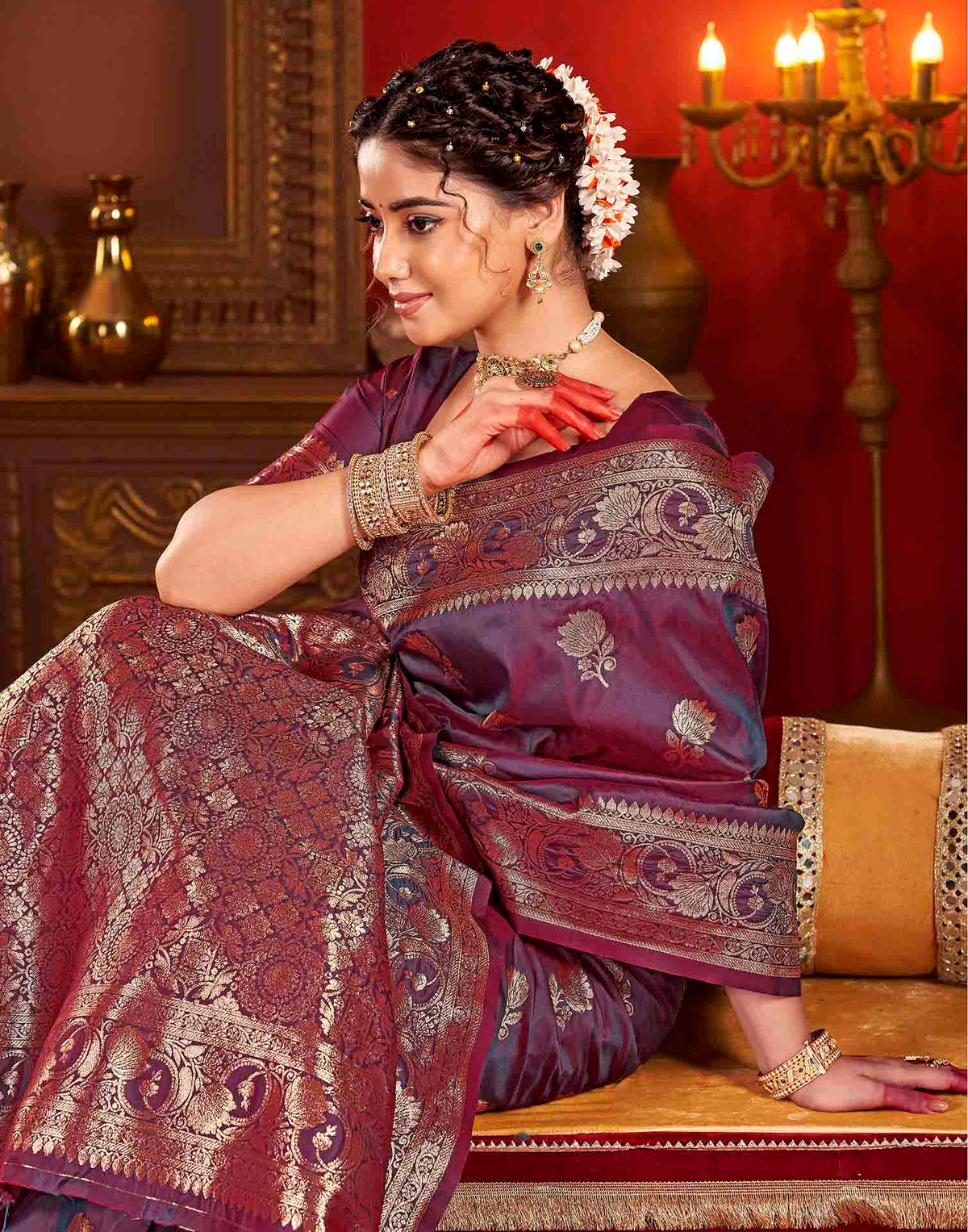 Wine Silk Woven Banarasi Saree