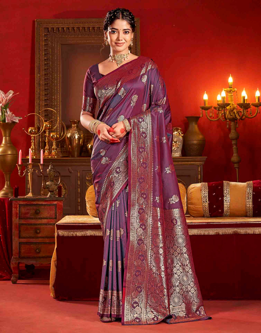 Wine Silk Woven Banarasi Saree
