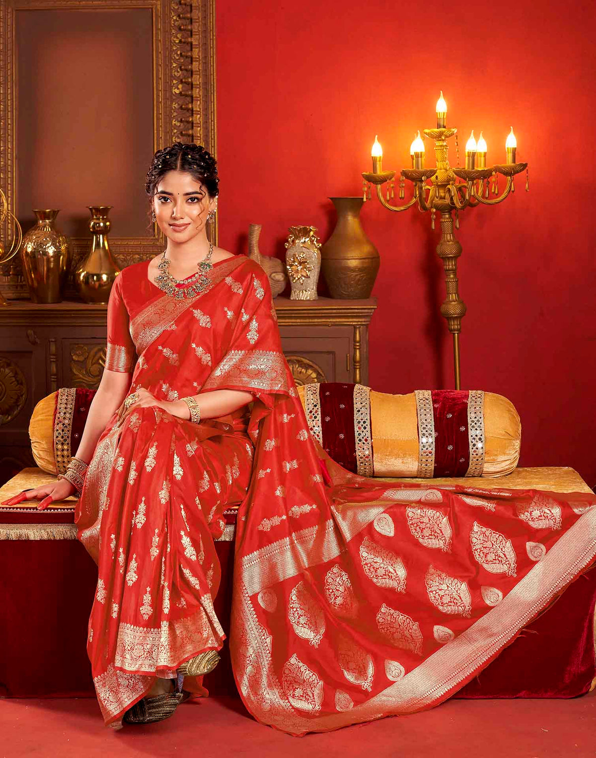 Bright Red Silk Woven Banarasi Saree
