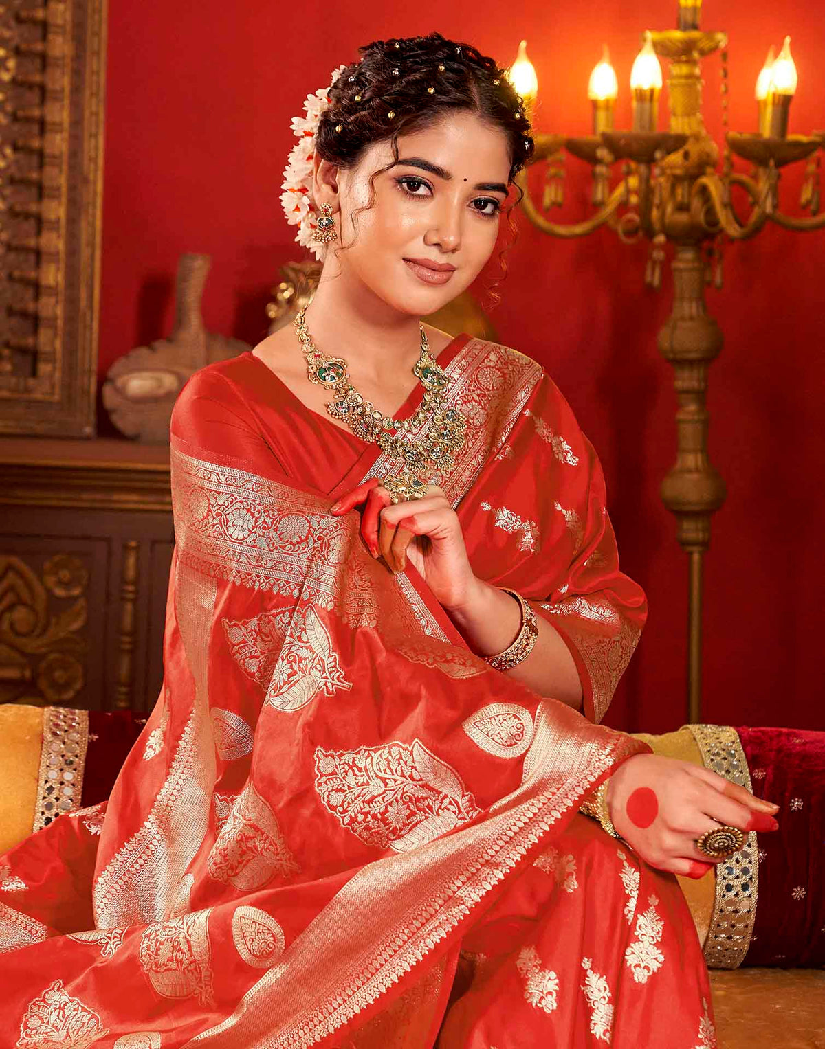 Bright Red Silk Woven Banarasi Saree