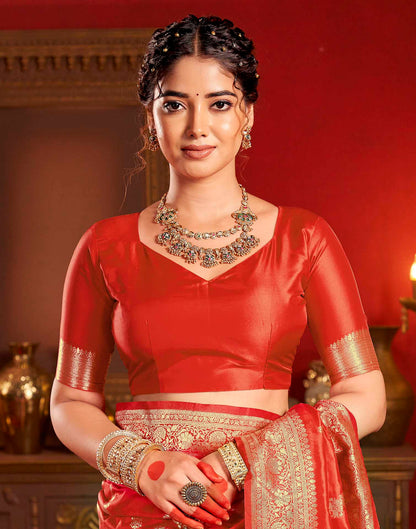 Bright Red Silk Woven Banarasi Saree