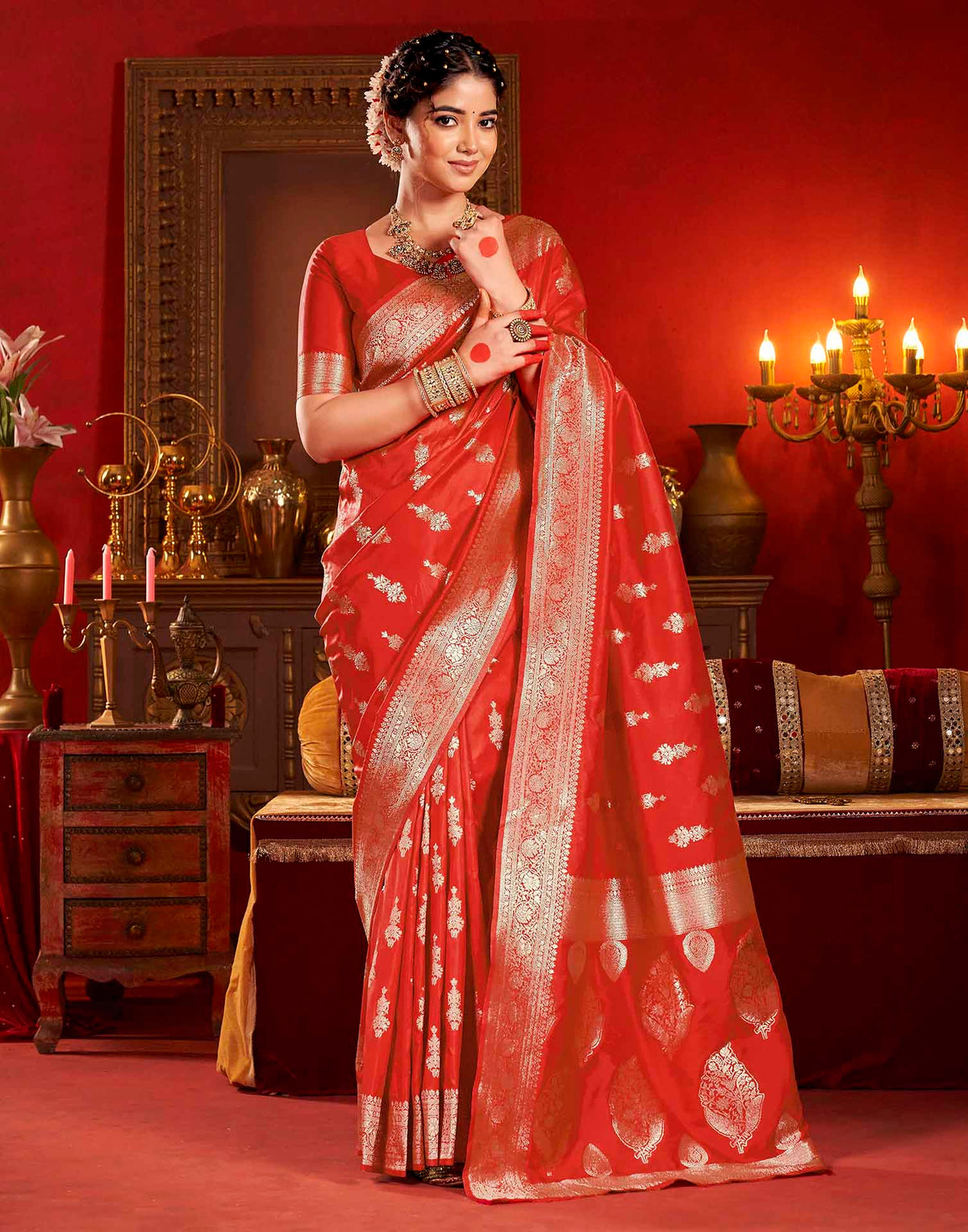 Bright Red Silk Woven Banarasi Saree