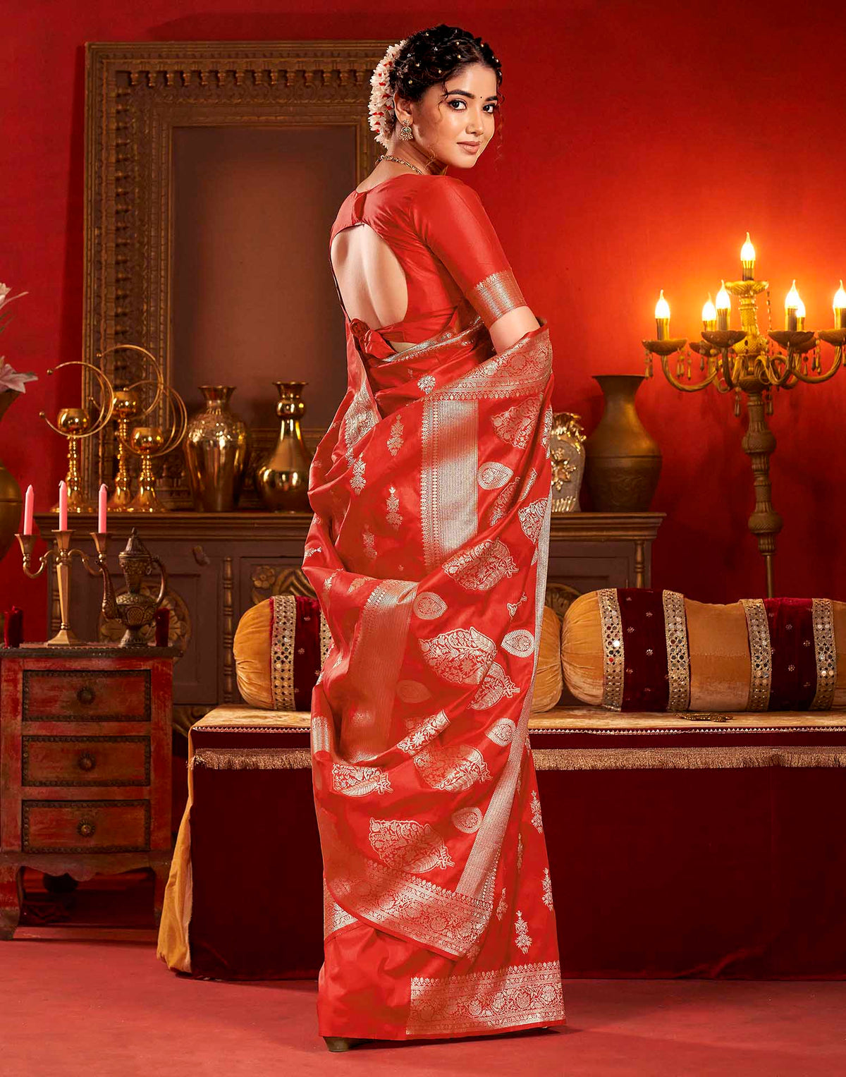 Bright Red Silk Woven Banarasi Saree