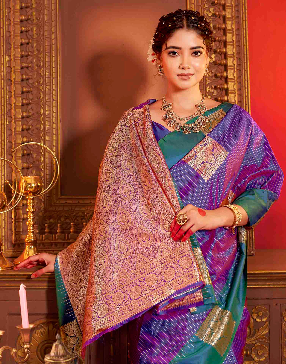 Scarlet Purple Silk Woven Zari Stripe Saree