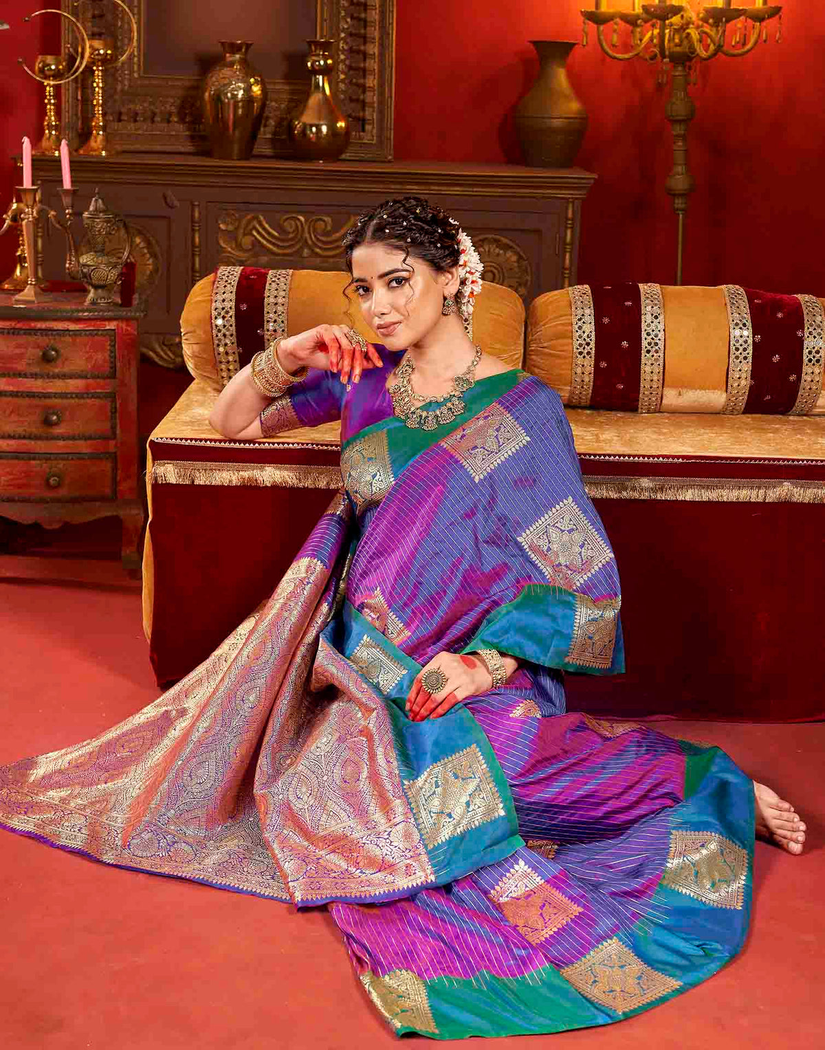 Scarlet Purple Silk Woven Zari Stripe Saree
