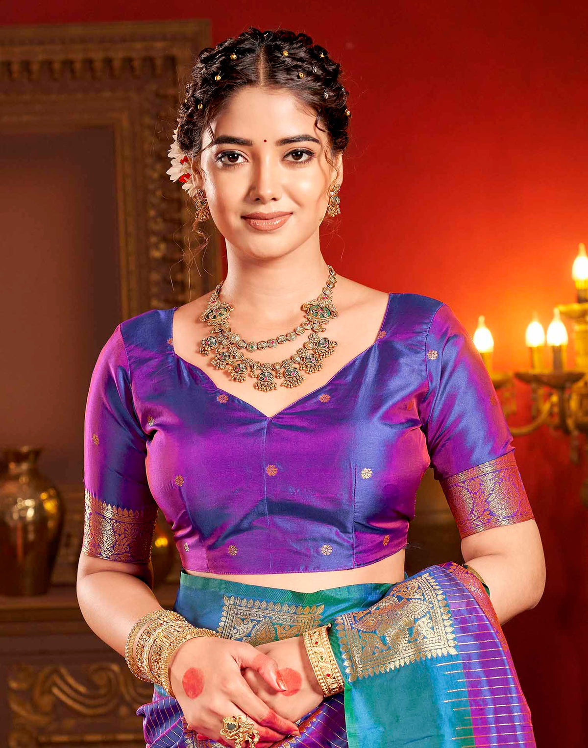 Scarlet Purple Silk Woven Zari Stripe Saree