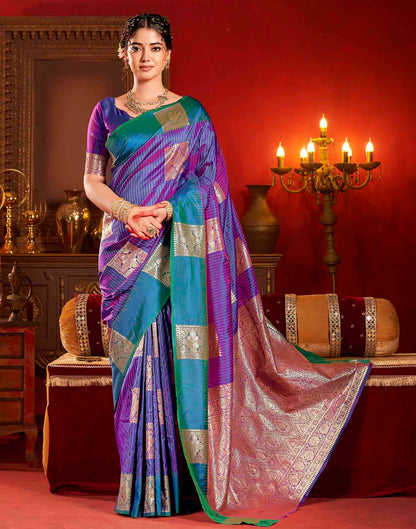 Scarlet Purple Silk Woven Zari Stripe Saree