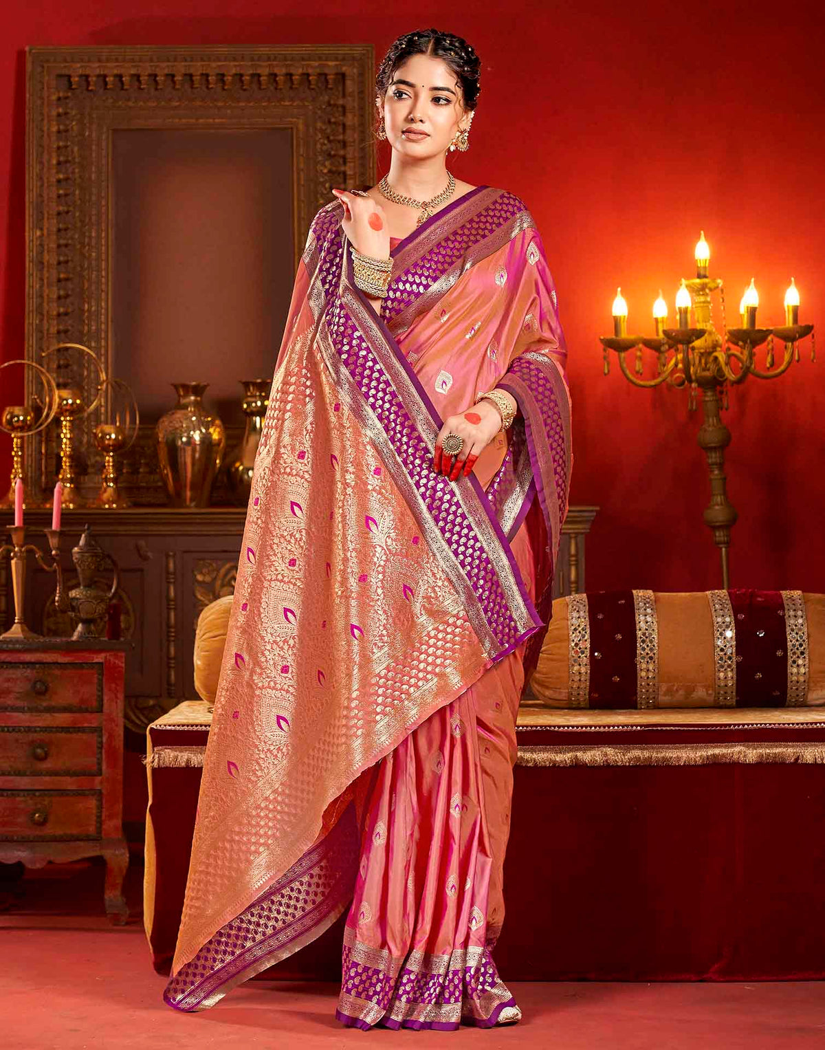 Peach Pink Silk Woven Banarasi Saree