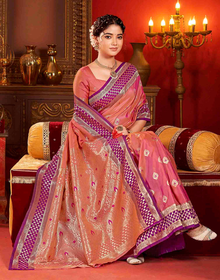 Peach Pink Silk Woven Banarasi Saree