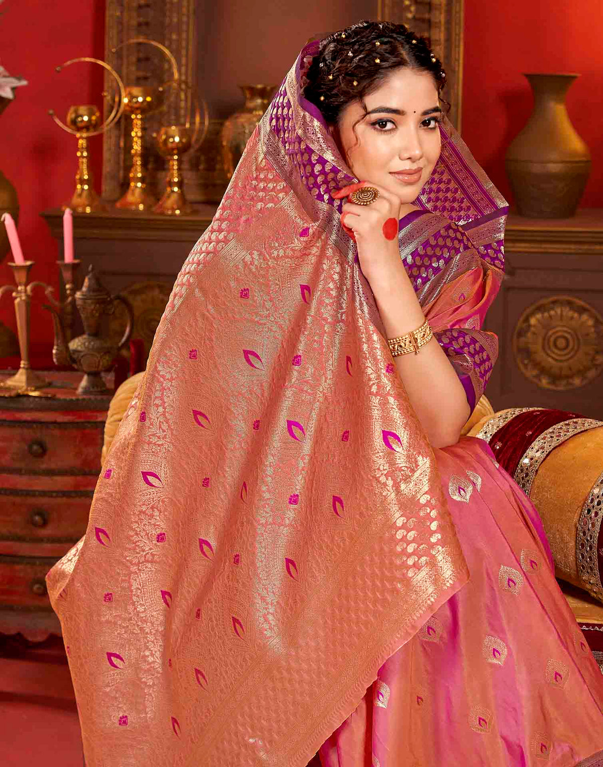 Peach Pink Silk Woven Banarasi Saree