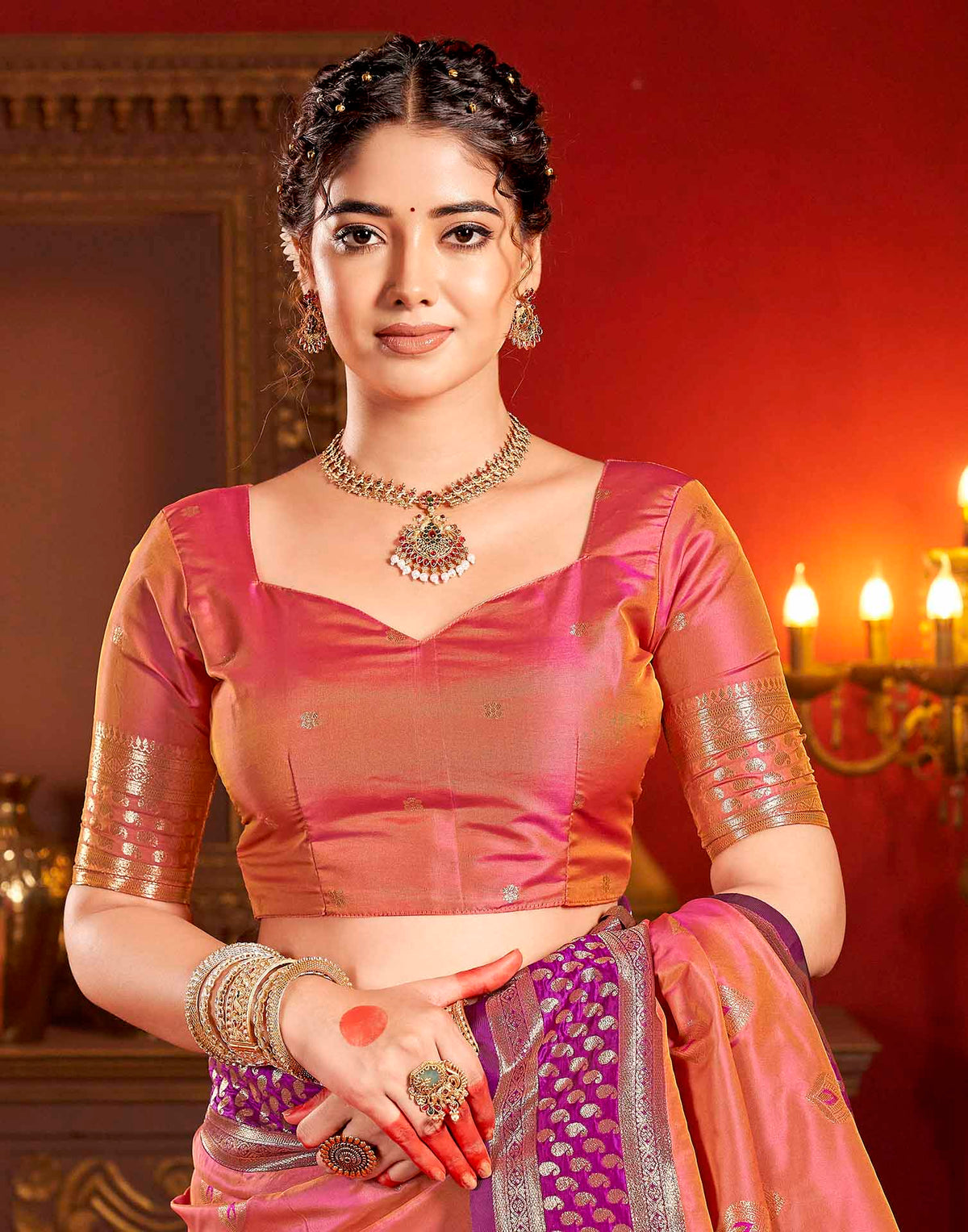 Peach Pink Silk Woven Banarasi Saree