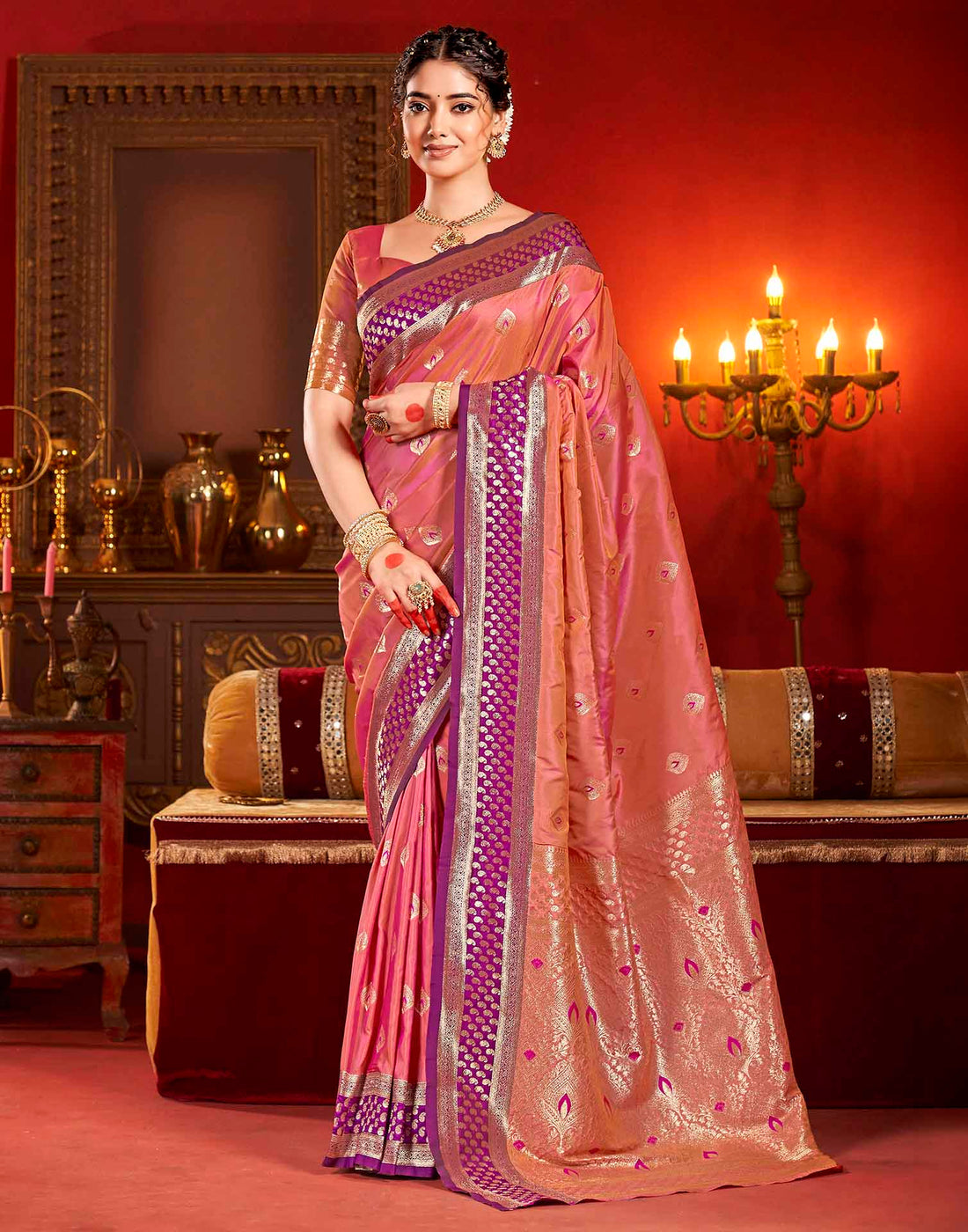 Peach Pink Silk Woven Banarasi Saree