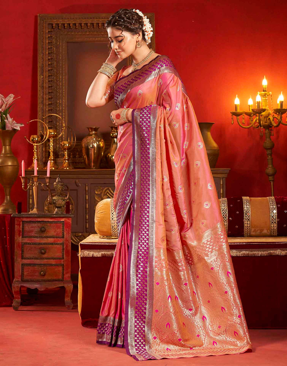 Peach Pink Silk Woven Banarasi Saree