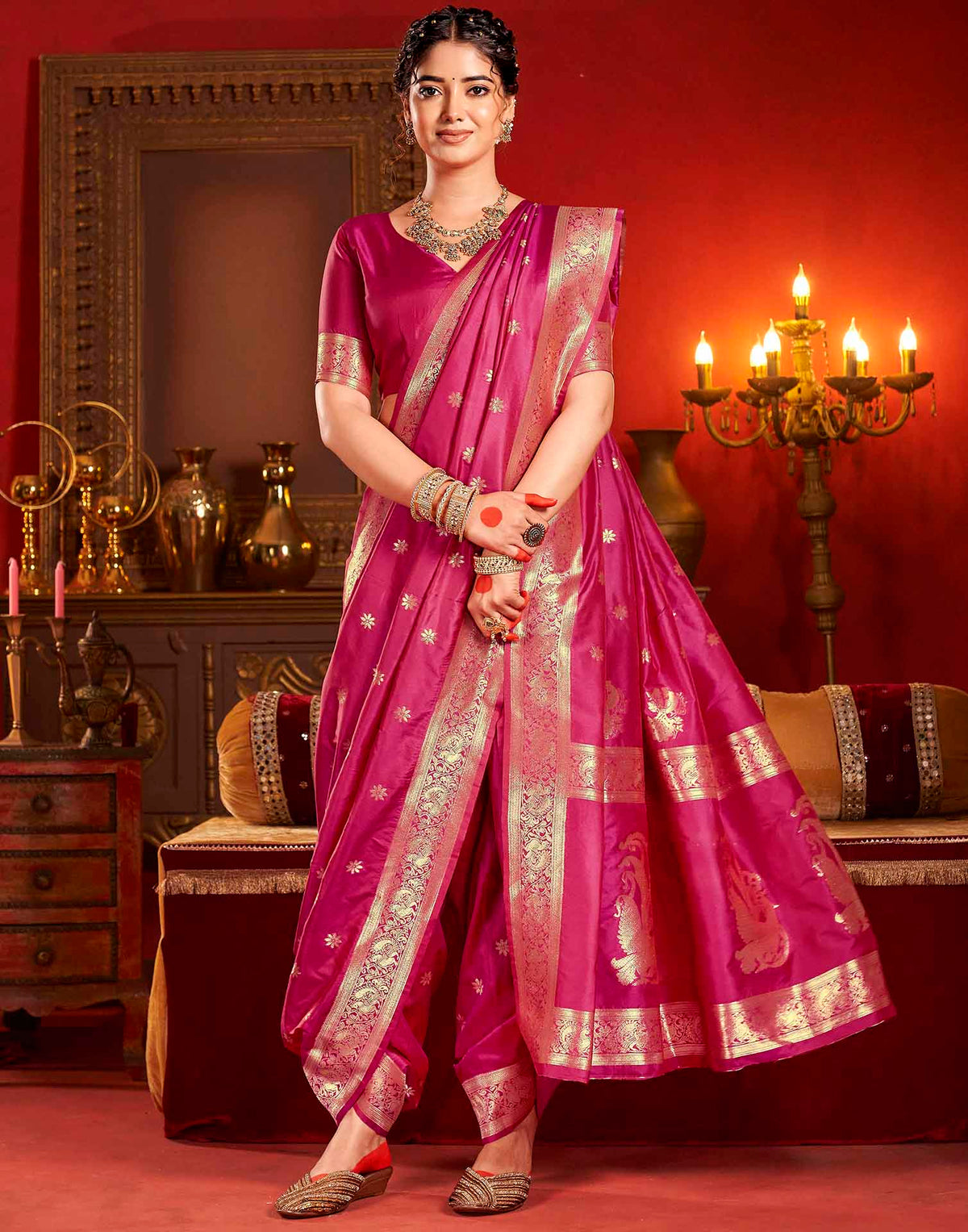 Rani Pink Silk Woven Banarasi Saree