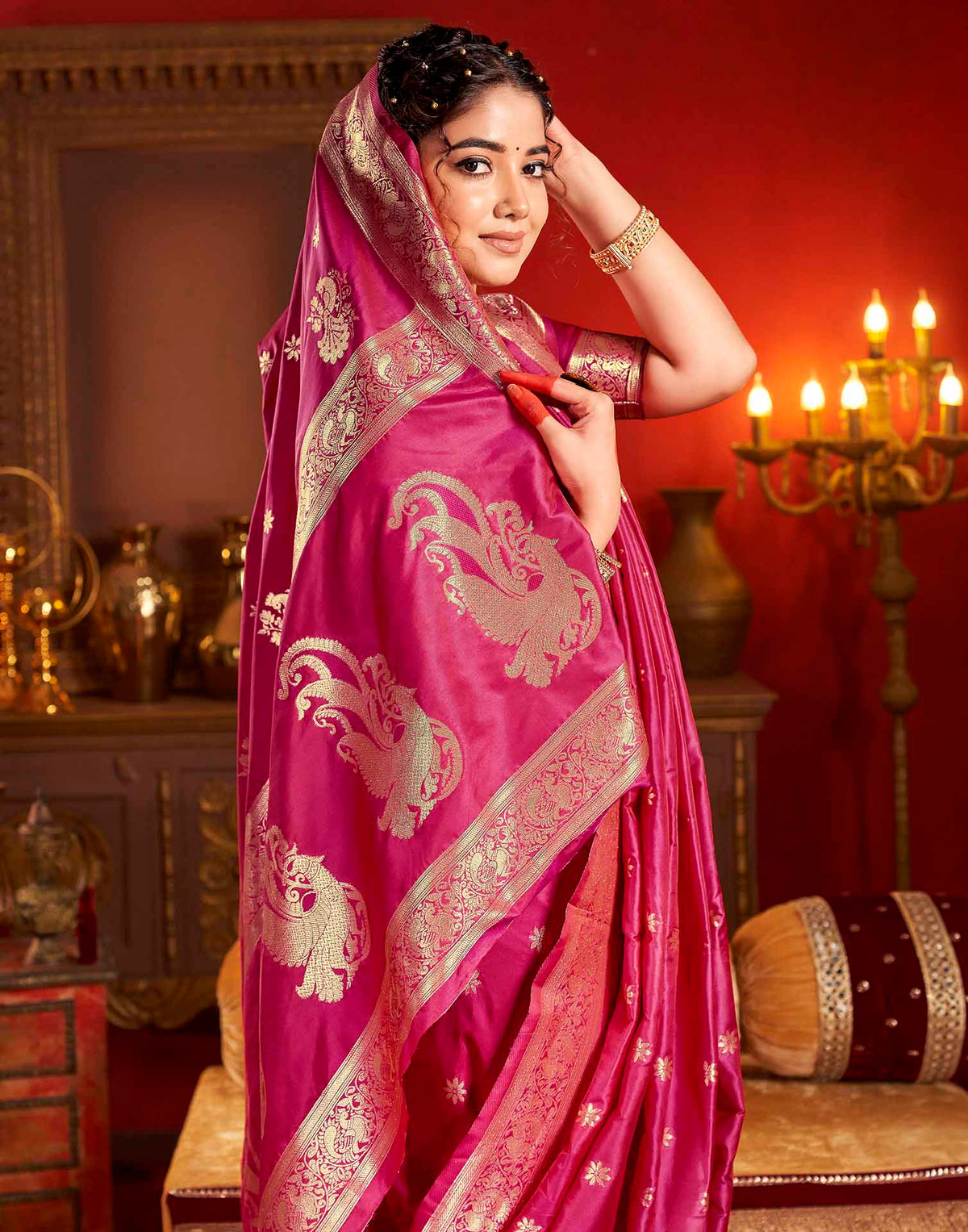 Rani Pink Silk Woven Banarasi Saree