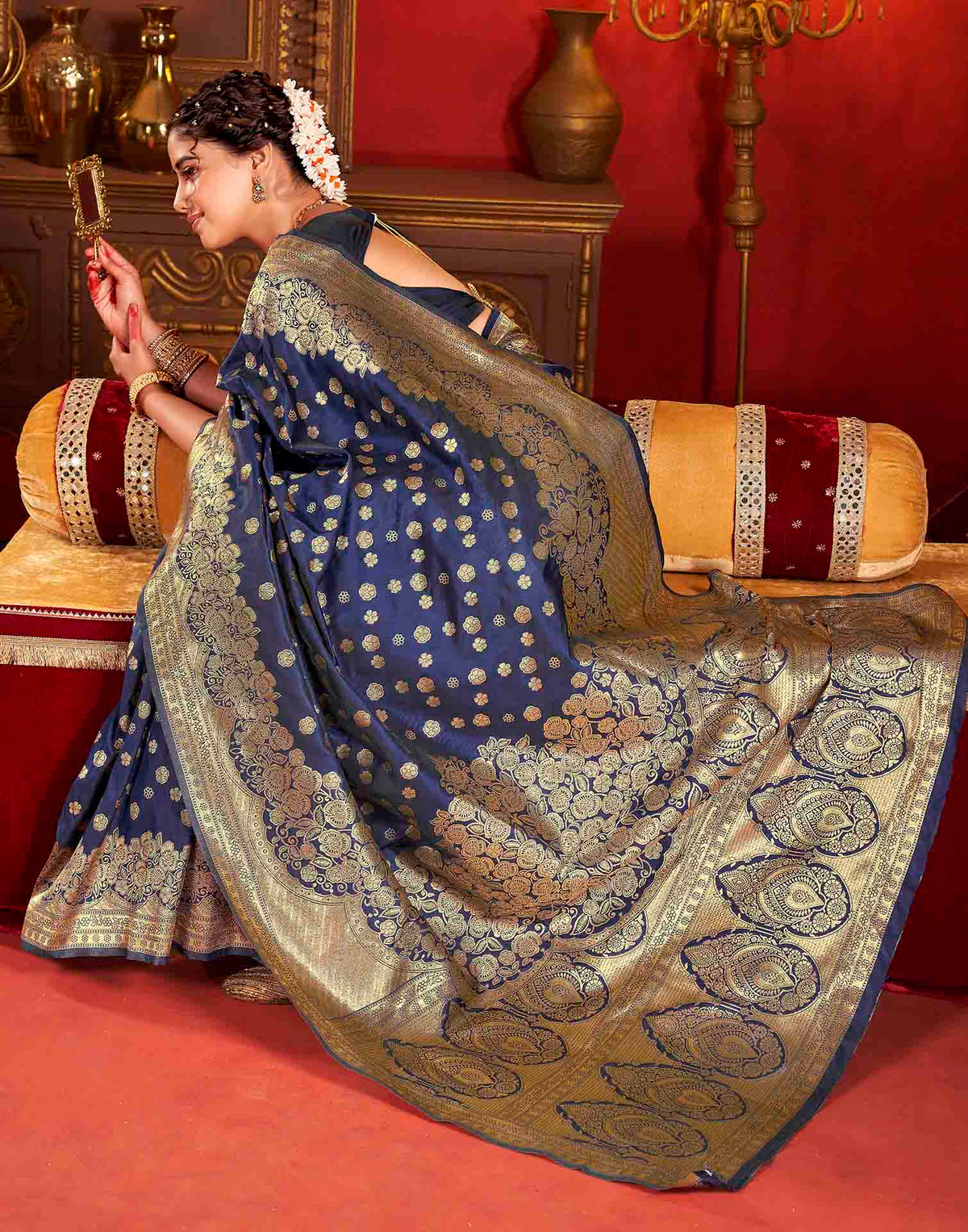 Navy Blue Silk Woven Banarasi Saree