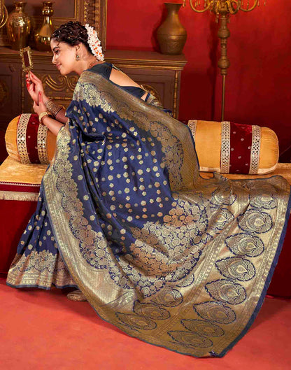 Navy Blue Silk Woven Banarasi Saree
