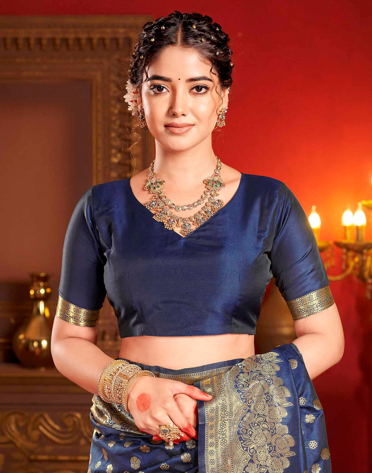 Navy Blue Silk Woven Banarasi Saree