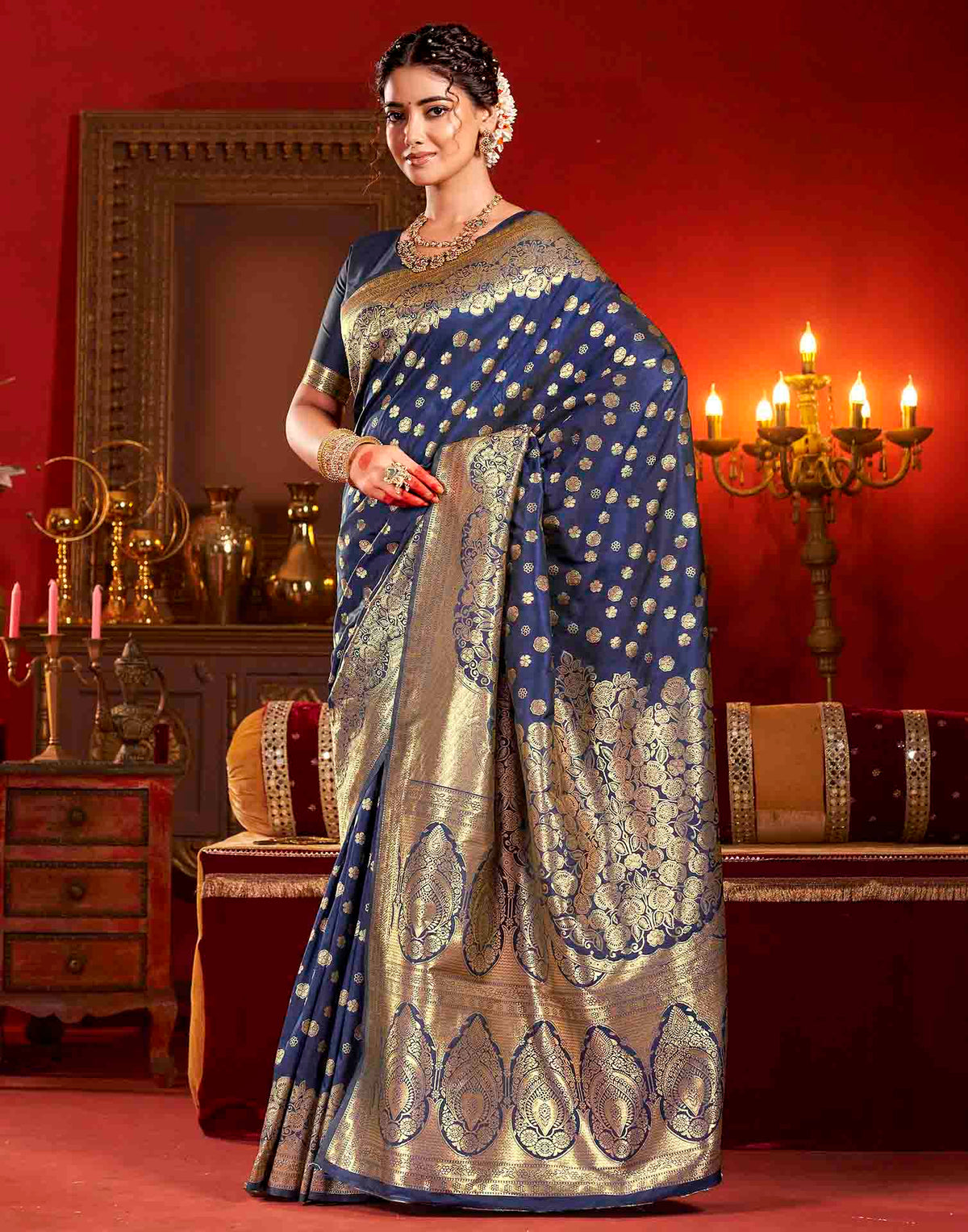 Navy Blue Silk Woven Banarasi Saree