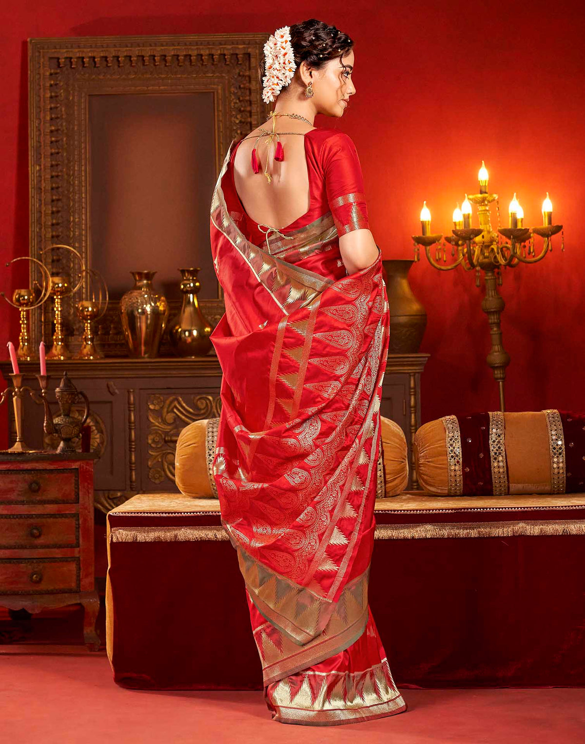 Bright Red Silk Woven Banarasi Saree