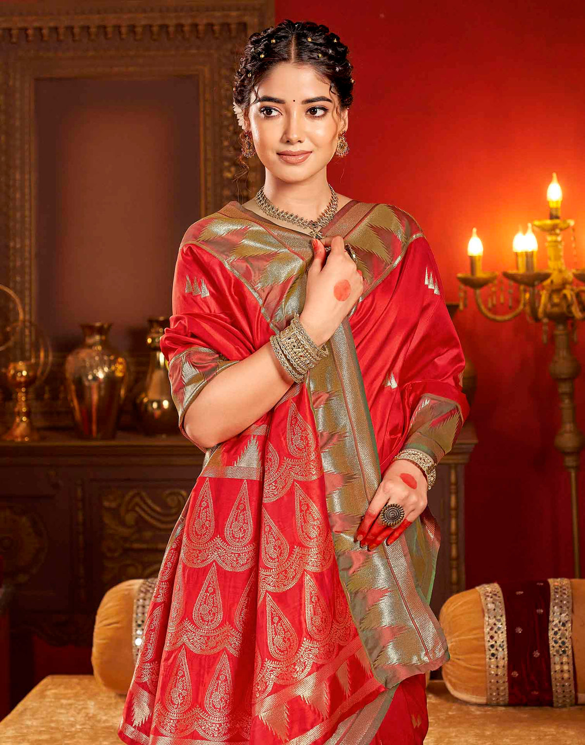 Bright Red Silk Woven Banarasi Saree