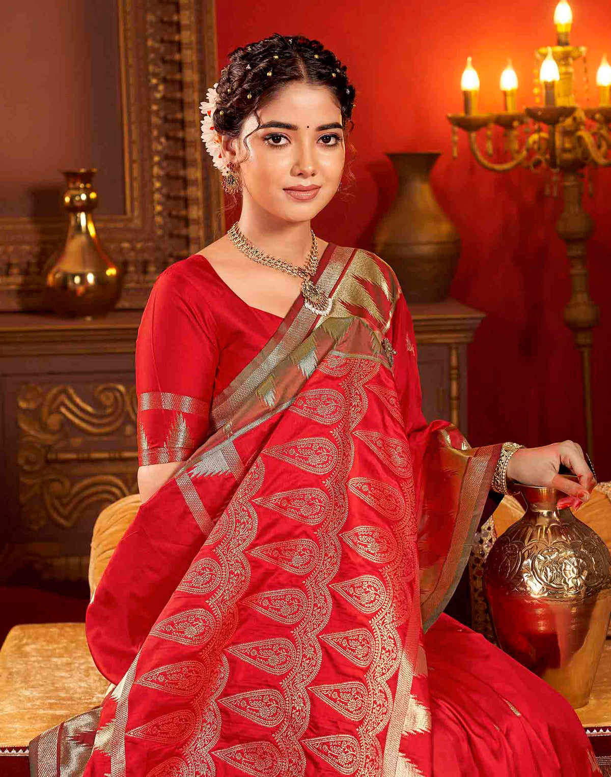 Bright Red Silk Woven Banarasi Saree