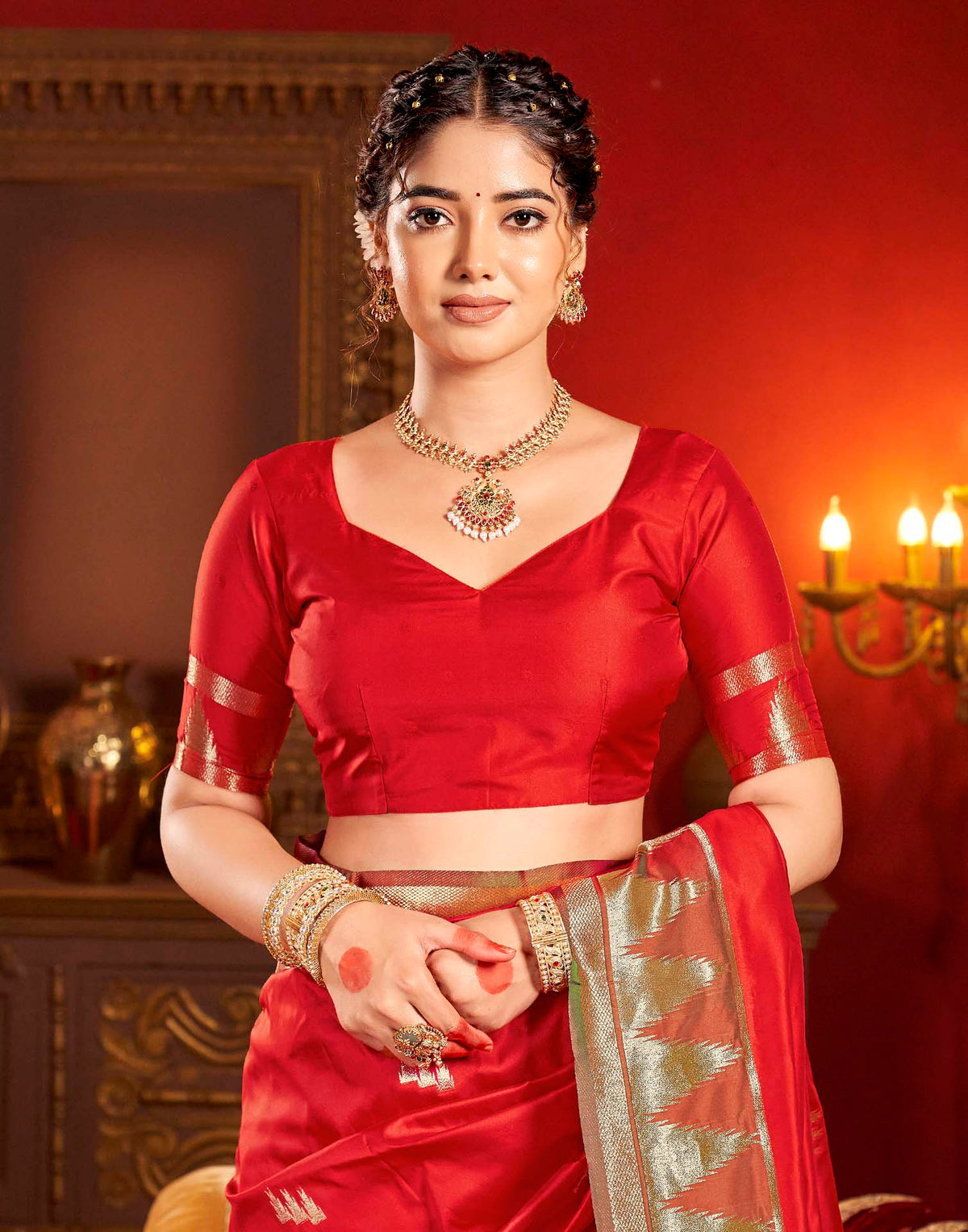Bright Red Silk Woven Banarasi Saree