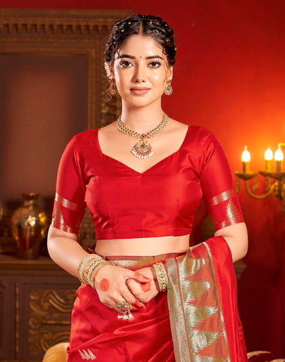 Bright Red Silk Woven Banarasi Saree