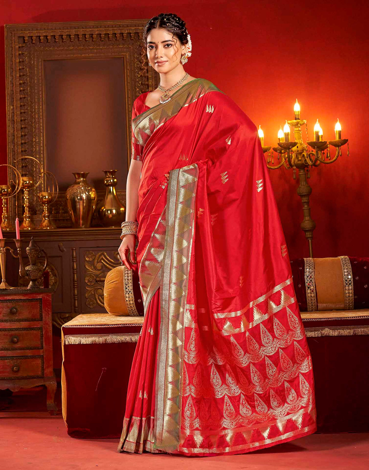 Bright Red Silk Woven Banarasi Saree