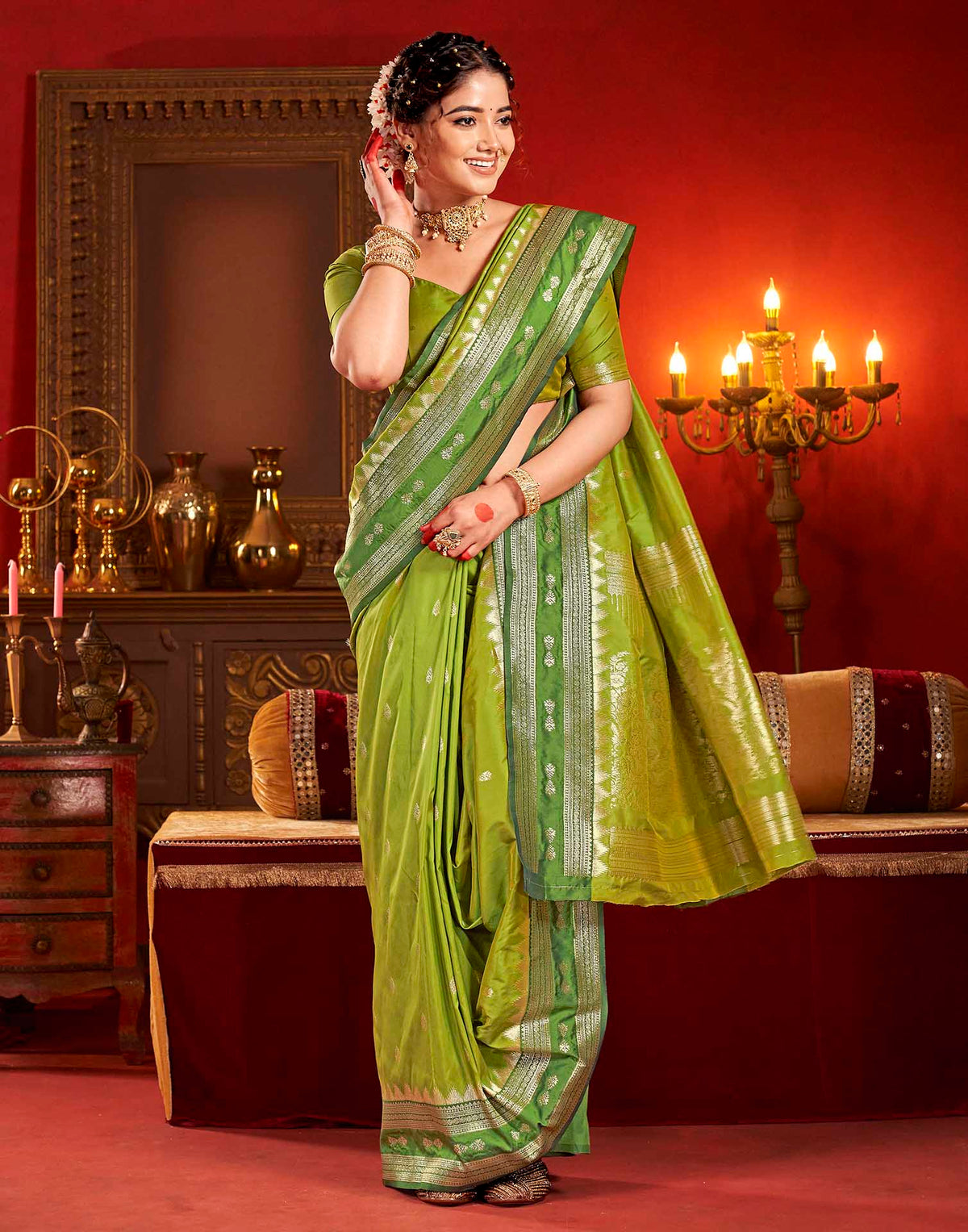 Parrot Green Silk Woven Banarasi Saree